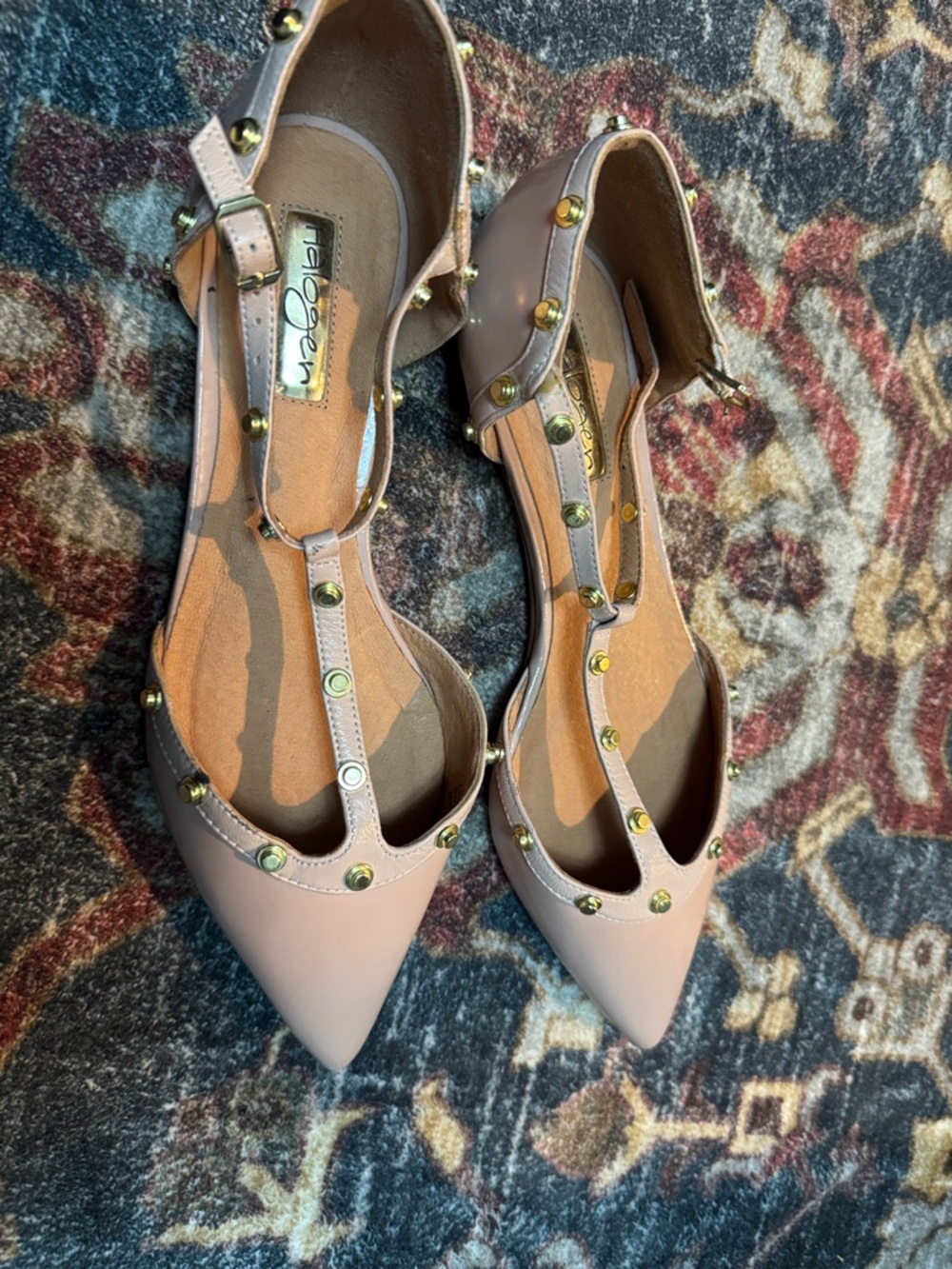 Halogen Olsen Pointy Toe Patent Leather Studded T-Strap Flats.